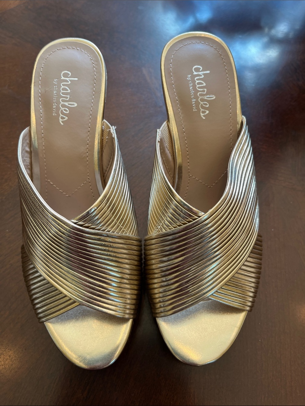 Charles David Wedge Sandals in Gold & Brown